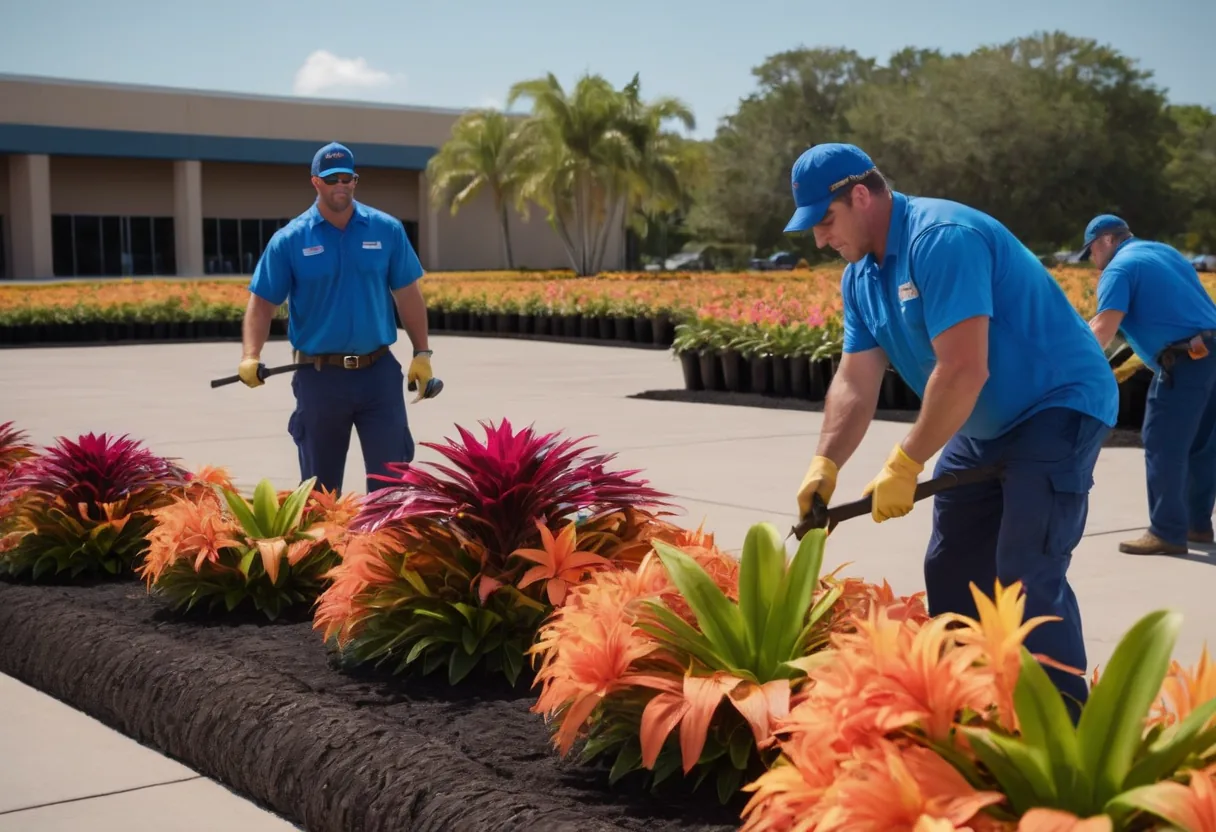 Landscape crew installing tropical flowering plants in commercial beds