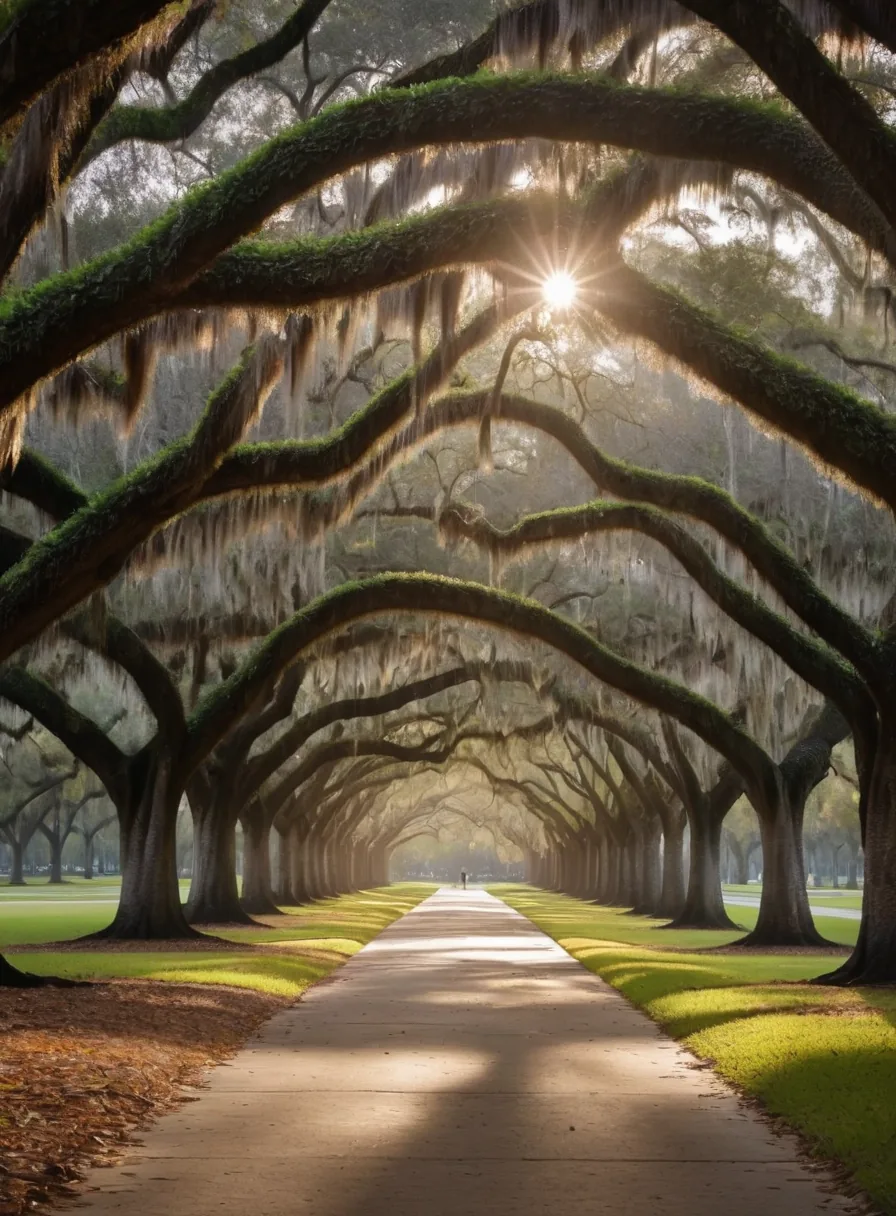 Live oak avenue with Spanish moss in a Coral Gables city park